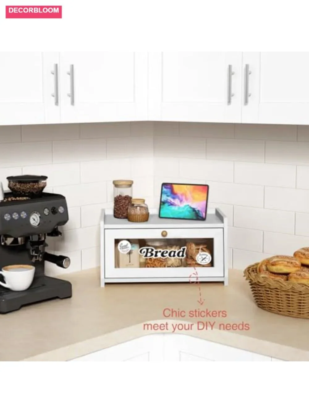 White Bread Box for Kitchen Countertop, Bamboo Storage with Magnetic Door
